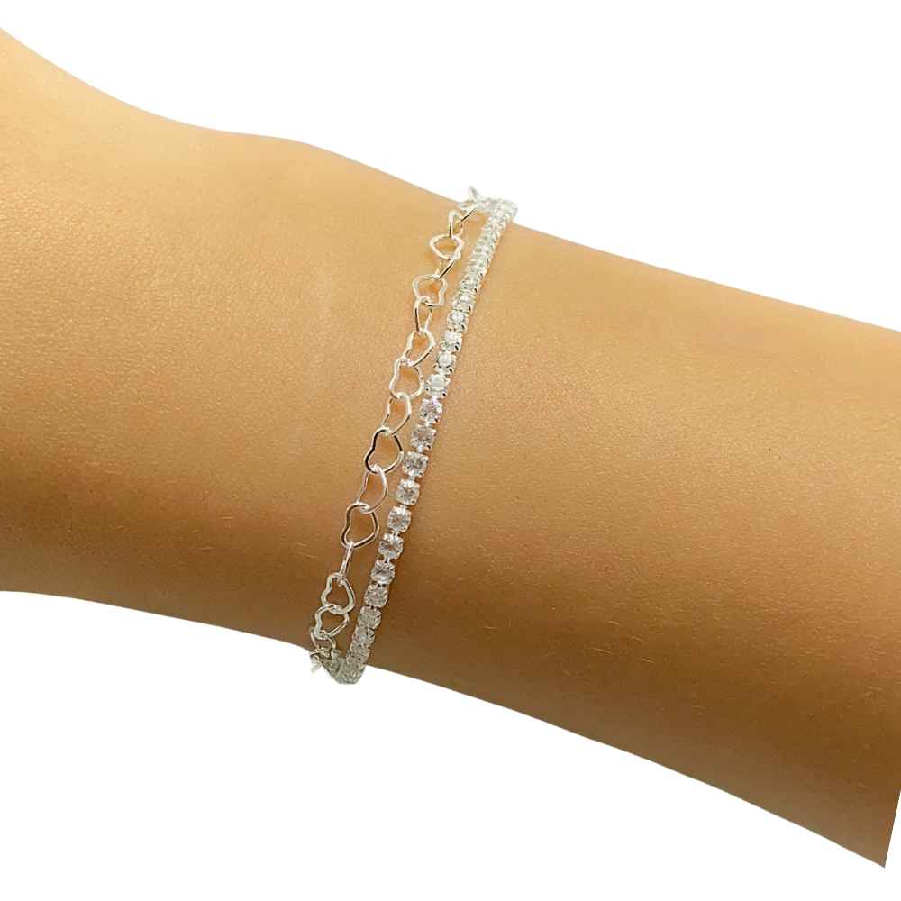 PULSEIRA DUPLA CORA��O E PEDRINHAS PRATEADO FOLHEADO - COM BRINDE 